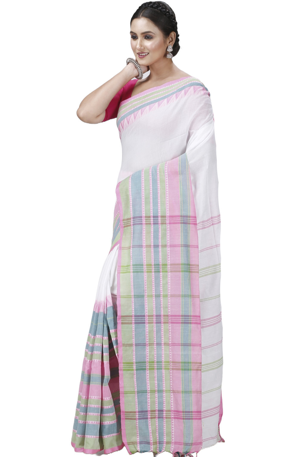 White Pink Pure Cotton Begompuri_Hand Hand Loom Saree (1289)